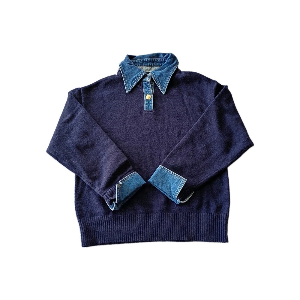 COMMENSE Sweater Pullover Womens Blue Collared Denim-Trim Button Minimalist